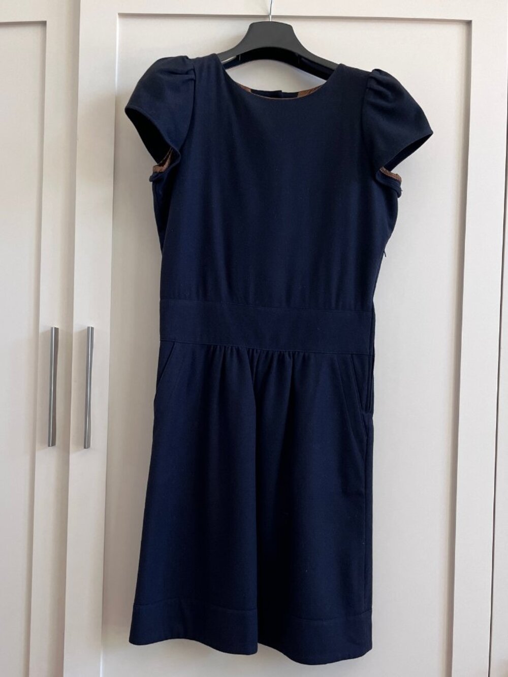 Sessun Lacey Dress, Navy wool with camel buttons, Size S